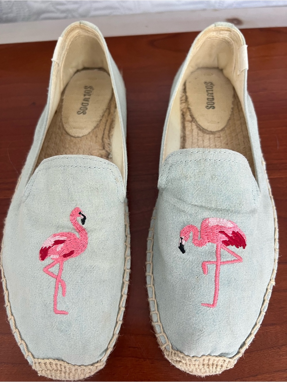Soludos Light Gray Canvas Espadrilles with Pink Flamingo Embroidery